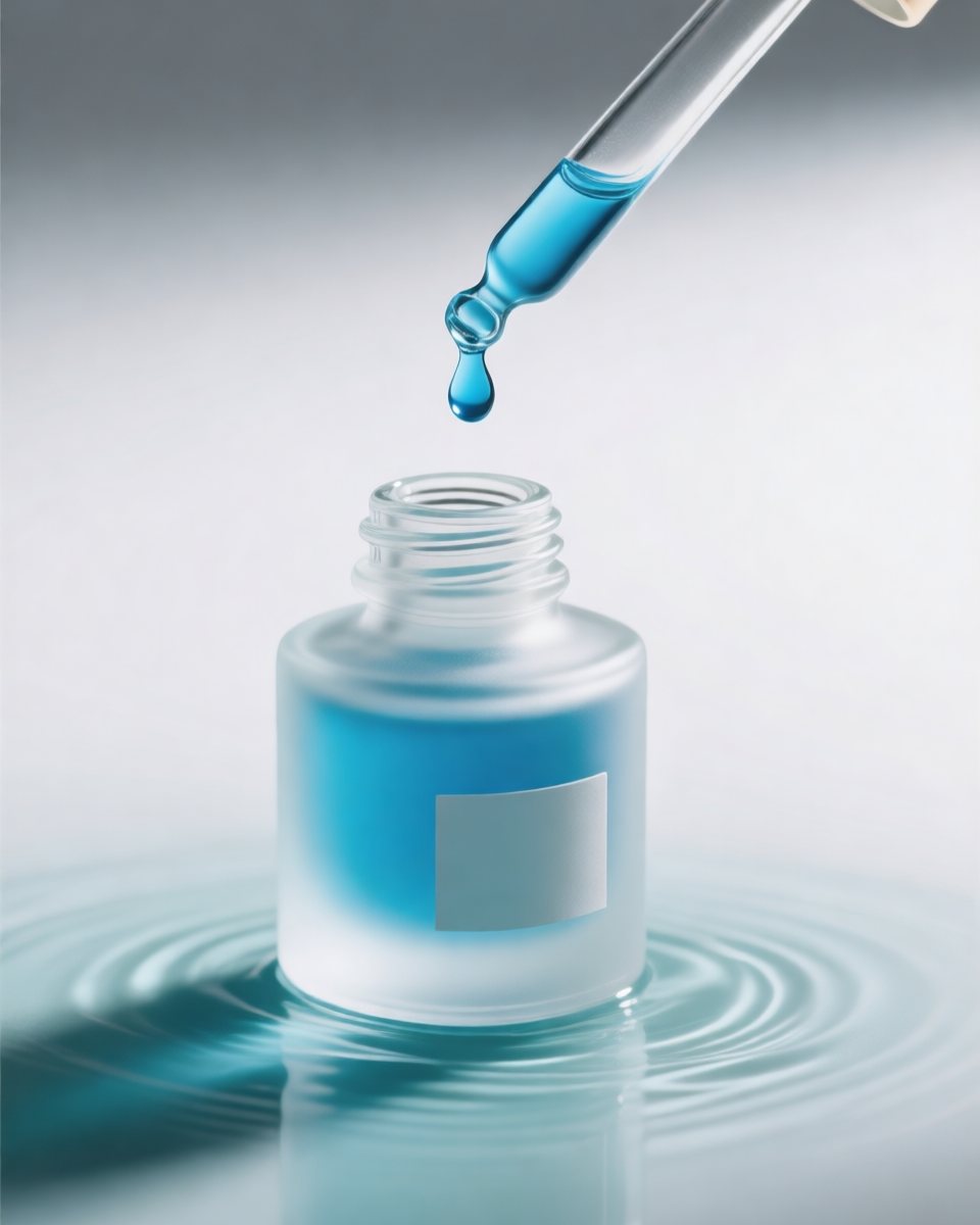 Pipette releasing a drop of blue GHK-Cu serum into an open bottle