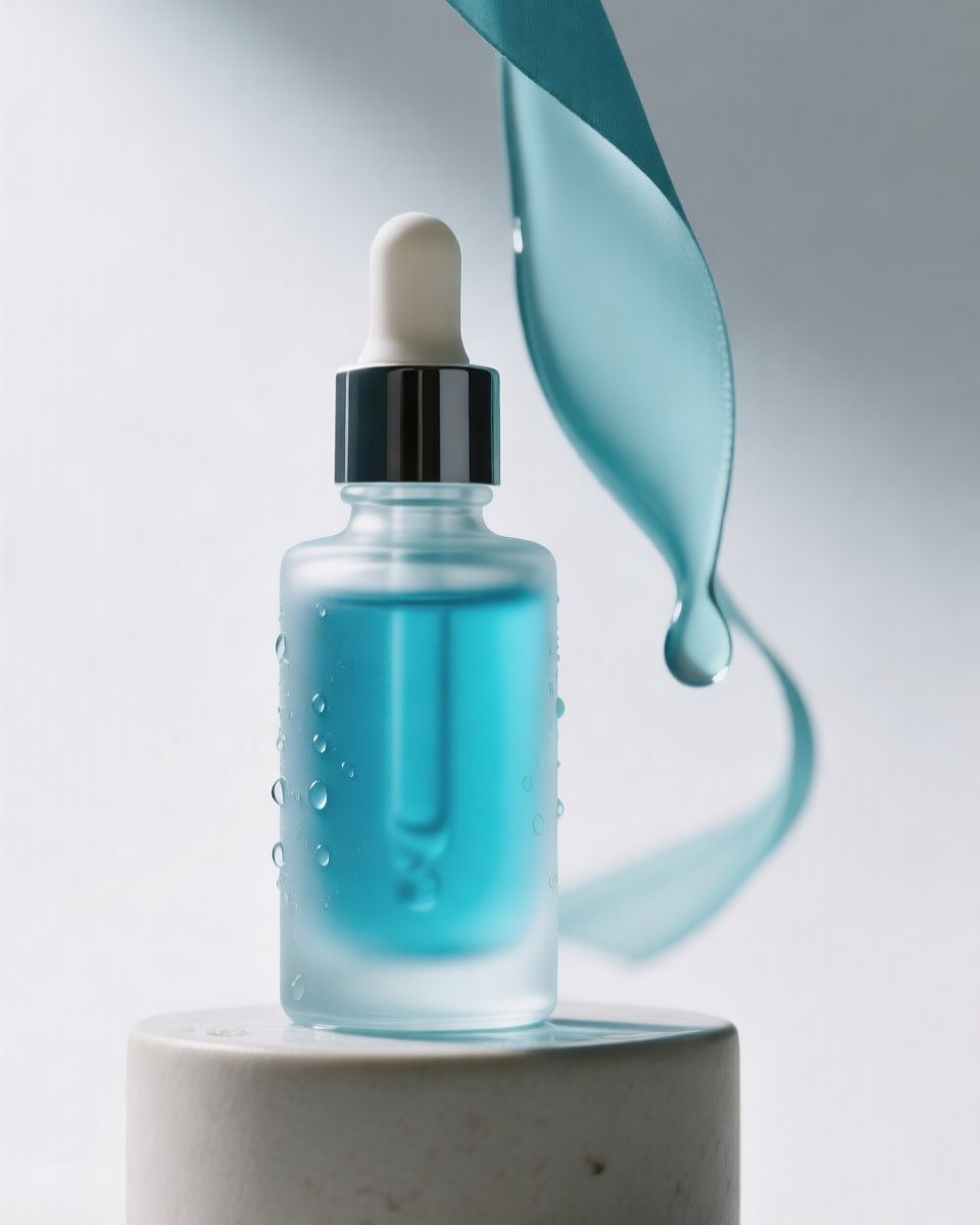 Frosted dropper bottle of blue GHK-Cu copper-peptide serum on a ceramic pedestal
